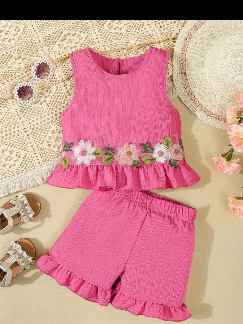 Girls Pink Floral Embroidered Two-Piece Short Set sz 5-6yrs #1366-810